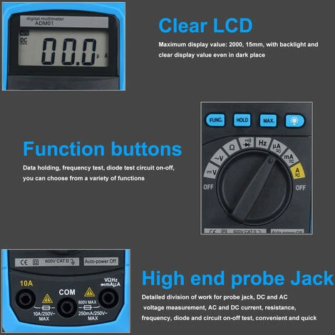 ASUPERMALL Adm01 Dmm Multimetre Numerique A Main Affichage Lcd Plage Automatique Tension Ac/Dc Mesureur De Temperature Double Isolation Protection Courant, Resistance, Continuite, Frequence; Tests Diodes, Transistors, Lac Bleu 2 ASUPERMALL Adm01 Dmm Multimetre Numerique A Main Affichage Lcd Plage Automatique Tension Ac/Dc Mesureur De Temperature Double Isolation Protection Courant, Resistance, Continuite, Frequence; Tests Diodes, Transistors, Lac Bleu – Image 2