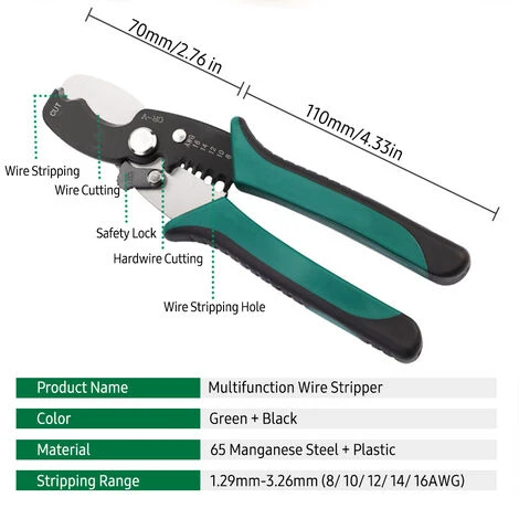 HAPPYSHOPPING Pince A Denuder 8/ 10/12/ 14/16 AWG Multifonction Outil De Denudage Et De Coupe Coupe-cables Pince A Denuder Outils A Main Pour Electricien, Modele : Vert Et Noir 2 HAPPYSHOPPING Pince A Denuder 8/ 10/12/ 14/16 AWG Multifonction Outil De Denudage Et De Coupe Coupe-cables Pince A Denuder Outils A Main Pour Electricien, Modele : Vert Et Noir – Image 2