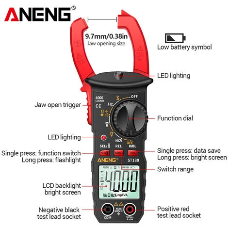 LIFCAUSAL ANENG ST180 4000 Points Pince Multimètre Numérique Multimètre Pince Multimètre Voltmètre Ampèremètre AC DC Tension AC Courant Mètre Testeur NCV Testeur De Compteur Universel Testeur De Pince De Courant -30 ~ 1000 ℃ Température 5 LIFCAUSAL ANENG ST180 4000 Points Pince Multimètre Numérique Multimètre Pince Multimètre Voltmètre Ampèremètre AC DC Tension AC Courant Mètre Testeur NCV Testeur De Compteur Universel Testeur De Pince De Courant -30 ~ 1000 ℃ Température – Image 5