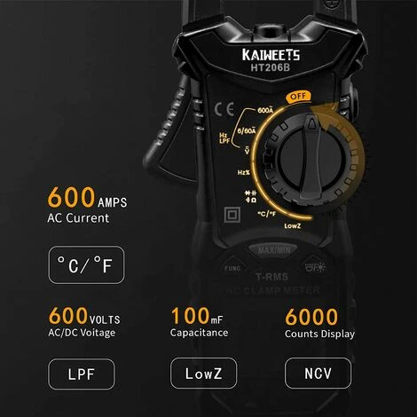 LADACèE Pince Ampèremétrique, Pince Multimètre Automatique TRMS 6000 Points, Mesure Courant AC / Tension AC DC / Température / Résistance / Capacité / Diode / Continuité / Rapport Cyclique / NCV 3 LADACèE Pince Ampèremétrique, Pince Multimètre Automatique TRMS 6000 Points, Mesure Courant AC / Tension AC DC / Température / Résistance / Capacité / Diode / Continuité / Rapport Cyclique / NCV – Image 3